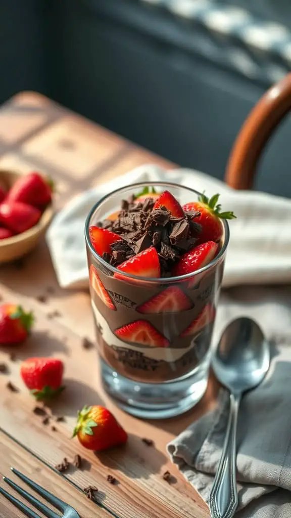 Chocolate Strawberry Parfait with chocolate yogurt, fresh strawberries, and chocolate shavings