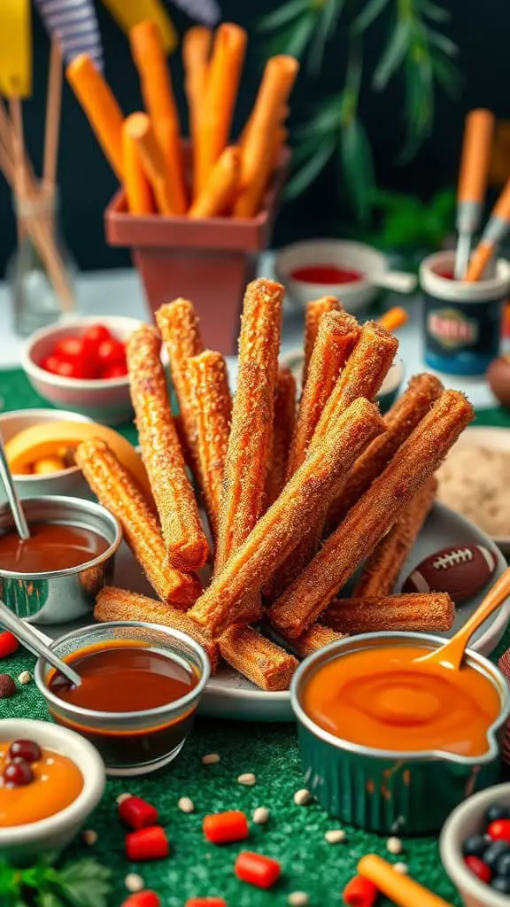 A delicious churro dessert bar with churros, chocolate sauce, and caramel