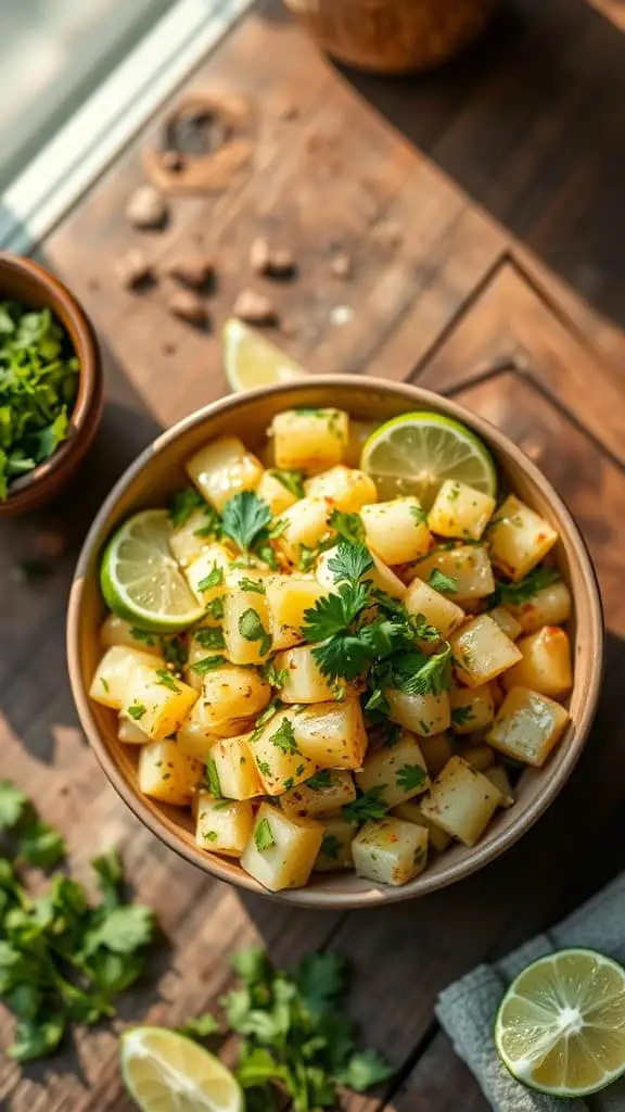 A bowl of Cilantro-Lime Mexican Potato Salad with diced potatoes, lime, and cilantro.