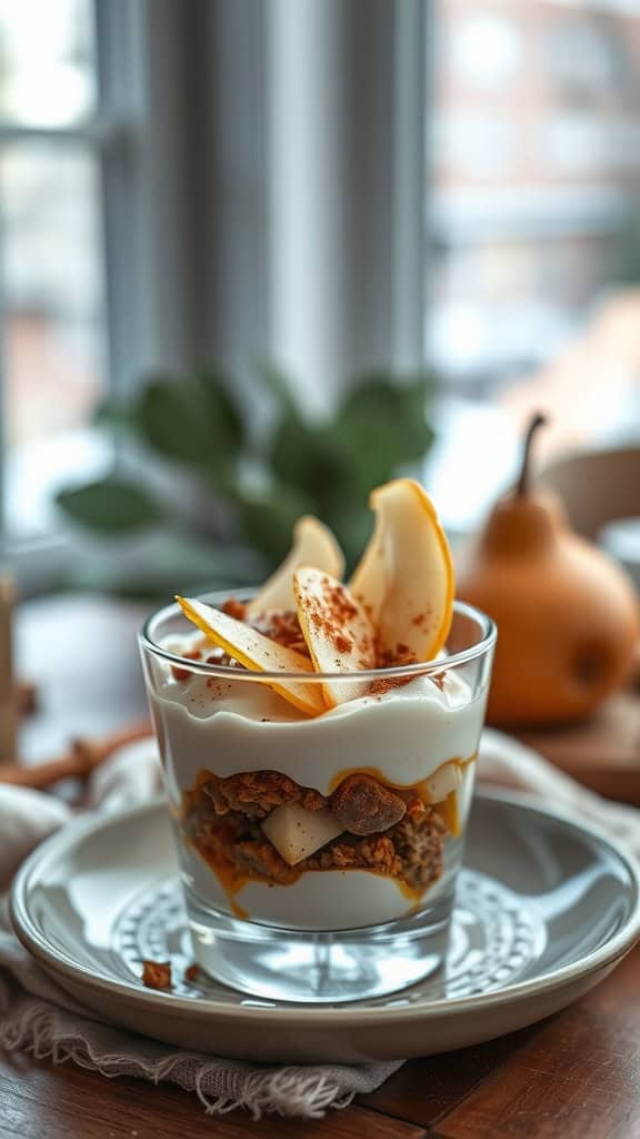 A delicious cinnamon pear parfait with layers of yogurt, poached pears, and granola.