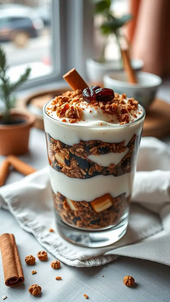 A delicious cinnamon raisin yogurt parfait layered with granola and vanilla yogurt.