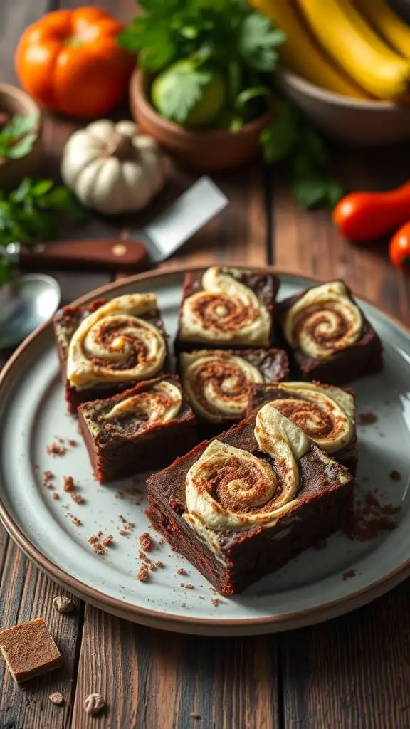 Cinnamon roll cream cheese brownies on a plate