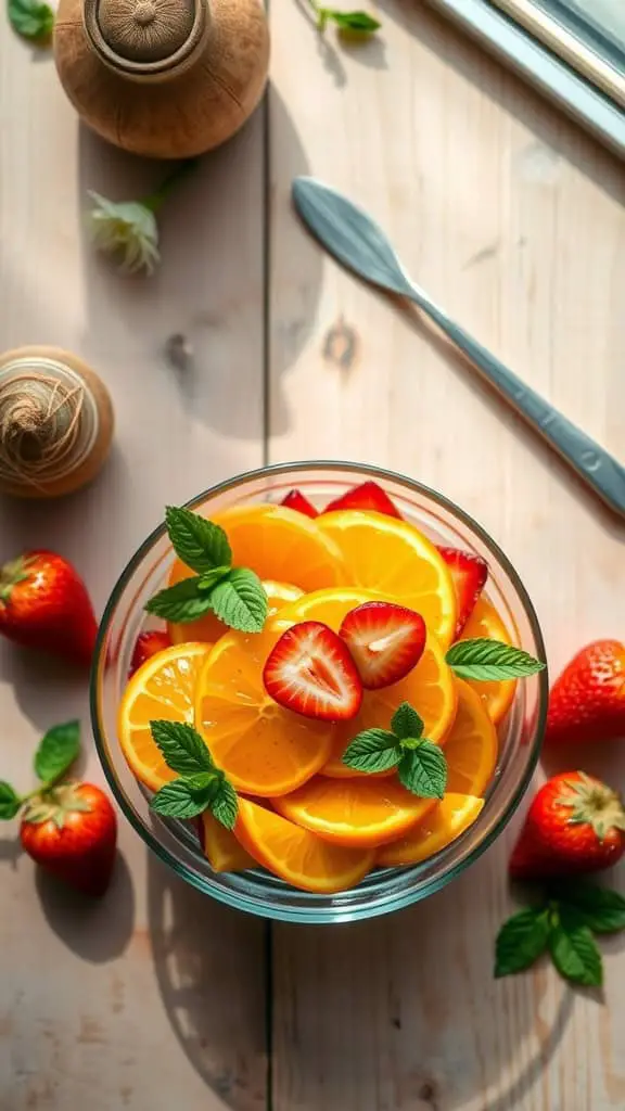 A vibrant bowl of Citrus Spring Fruit Salad featuring oranges, strawberries, and mint leaves.