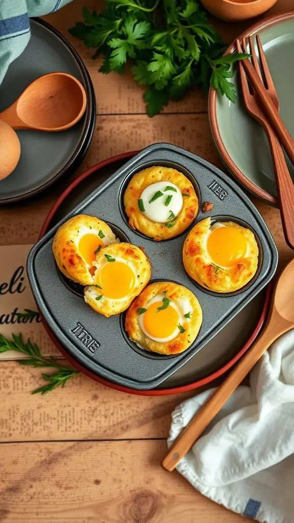 Baked cottage cheese eggs in a muffin tin with fresh herbs
