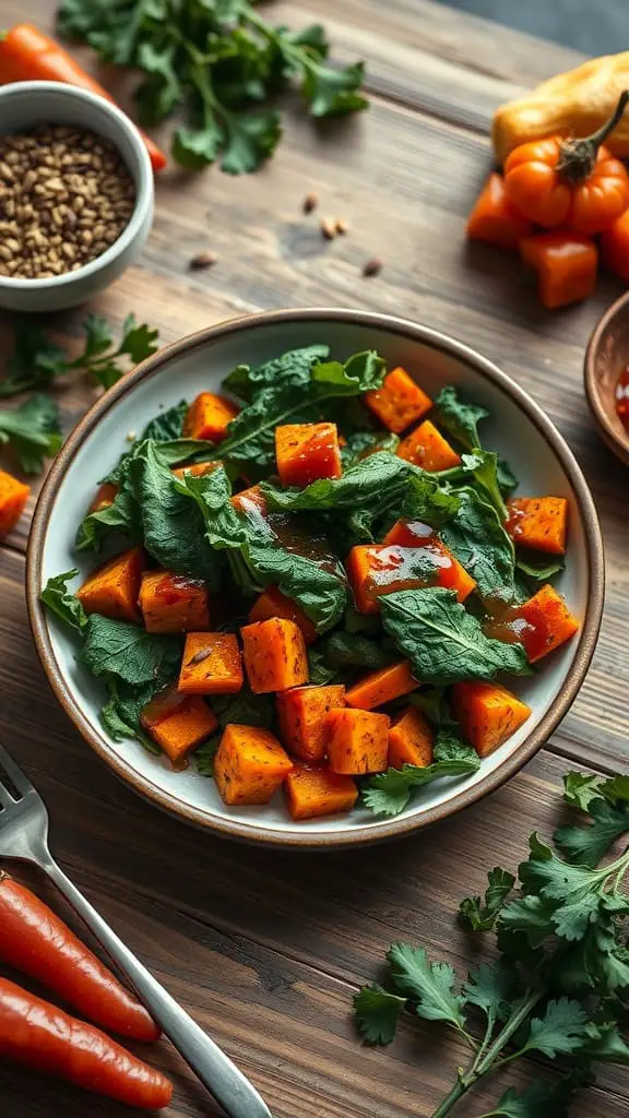 A delicious kale and roasted sweet potato salad with balsamic vinaigrette.