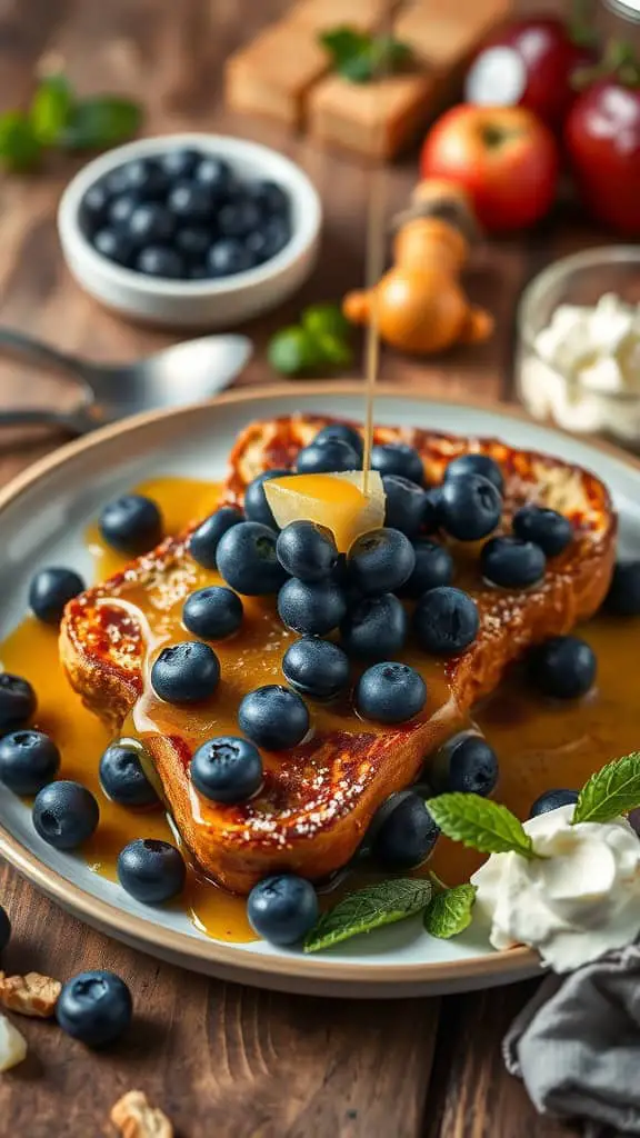 A delicious serving of Classic Blueberry French Toast Bake topped with fresh blueberries and maple syrup.