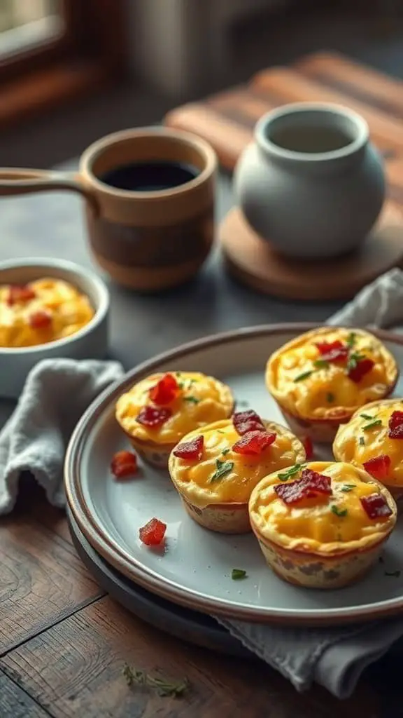 A plate of classic breakfast egg muffins topped with bacon and cheese, served with coffee.