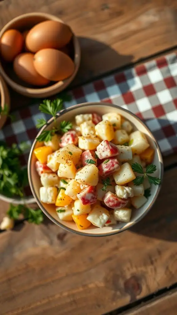 A bowl of classic cold potato salad with diced potatoes, mayonnaise, mustard, and herbs.