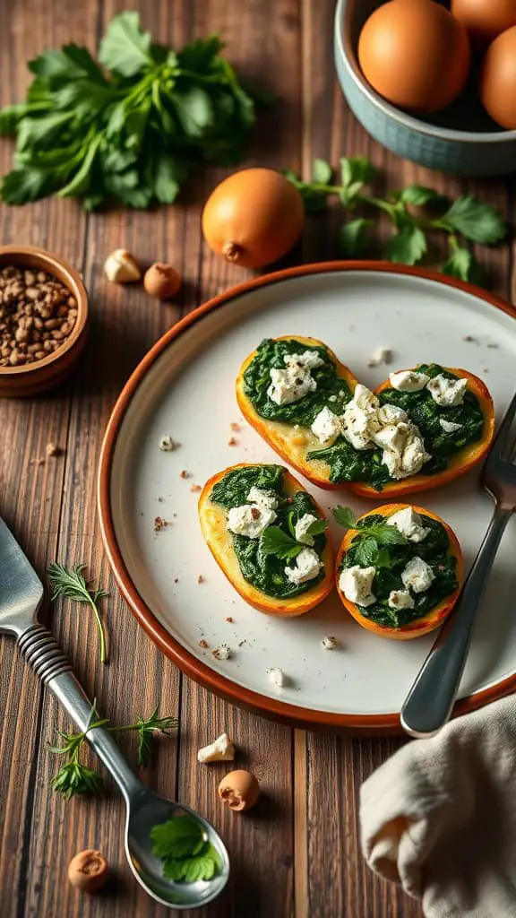 A plate of egg white bites with spinach and feta cheese, garnished with fresh herbs.