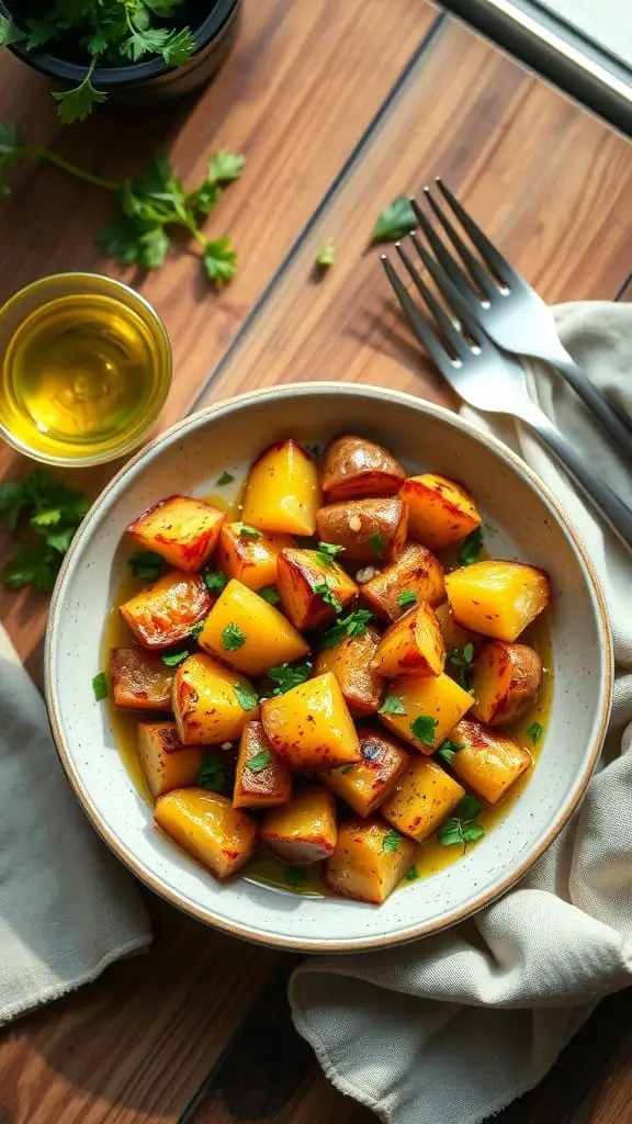 A bowl of crispy smashed baby potatoes garnished with fresh parsley and garlic.