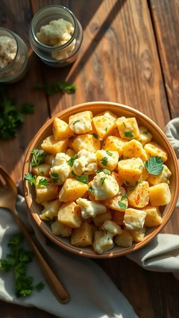 Bowl of creamy cauliflower potato salad with herbs