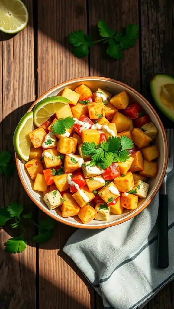 A bowl of classic Mexican potato salad with diced potatoes, mayonnaise, lime juice, and colorful toppings.