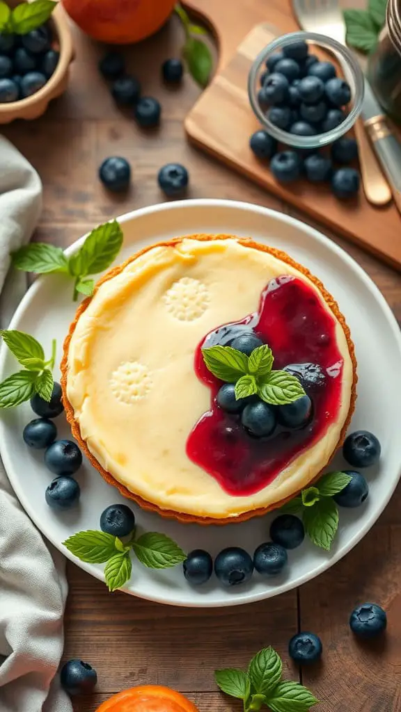 A delicious no bake blueberry cheesecake topped with blueberry sauce and fresh blueberries.