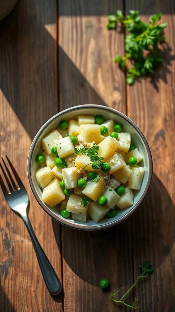 A classic Russian potato salad with peas in a bowl.