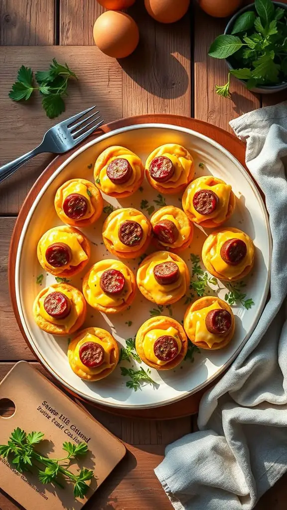 Mini sausage egg muffins on a plate, garnished with parsley.