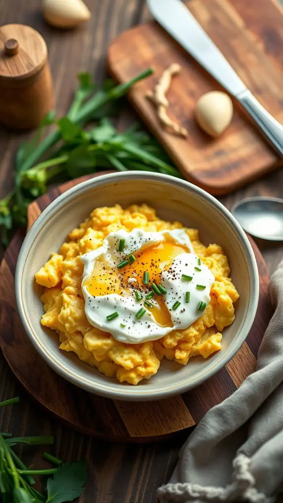 Bowl of scrambled eggs with cottage cheese topped with a runny yolk and chives