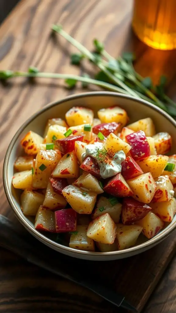 A bowl of classic smoked potato salad with red potatoes, Greek yogurt, and chives, garnished with seasoning.