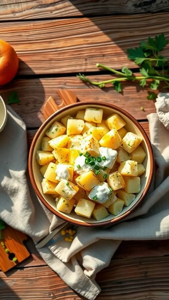 A bowl of classic sour cream potato salad topped with green onions.