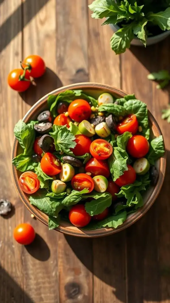 A bowl of fresh spring mix salad with cherry tomatoes and olives.