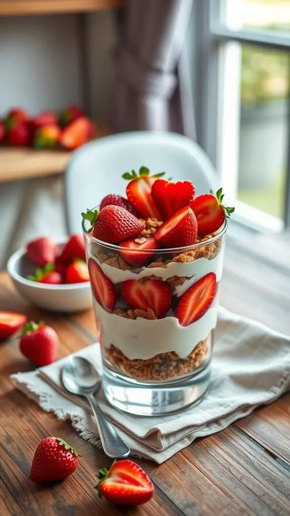 A delicious classic strawberry parfait with layers of strawberry yogurt, fresh strawberries, and crushed cookies.