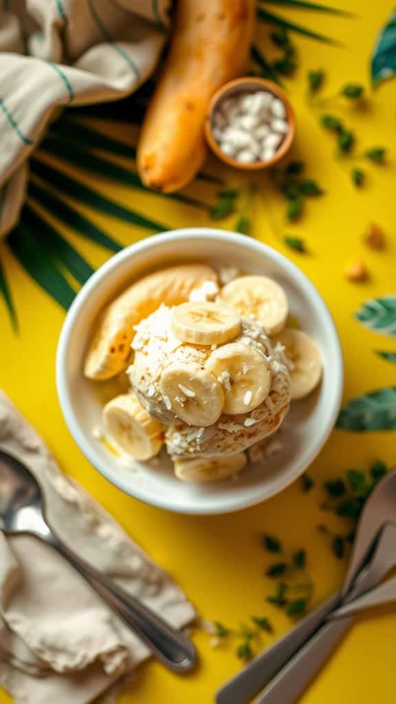 A bowl of coconut banana ice cream topped with banana slices and shredded coconut.