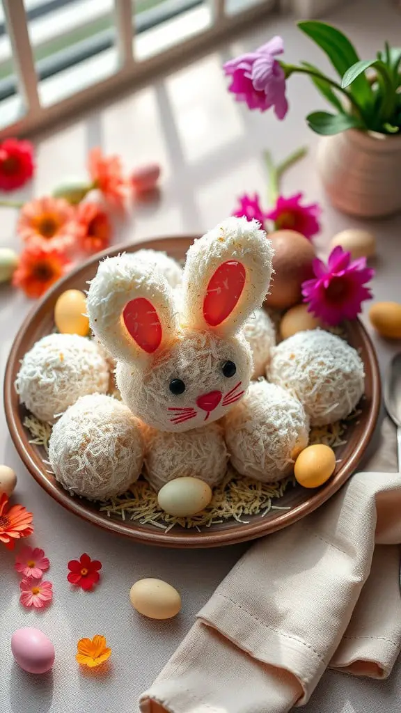 Coconut Bunny Tails dessert with shredded coconut and colorful decorations for Easter