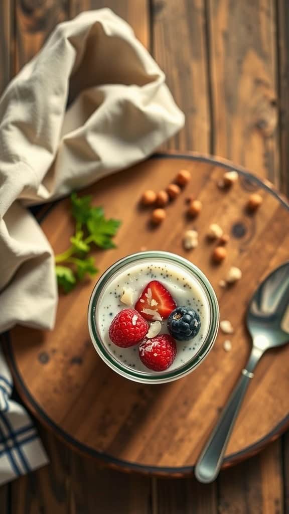 A delicious coconut chia pudding topped with fresh berries, served in a glass jar.