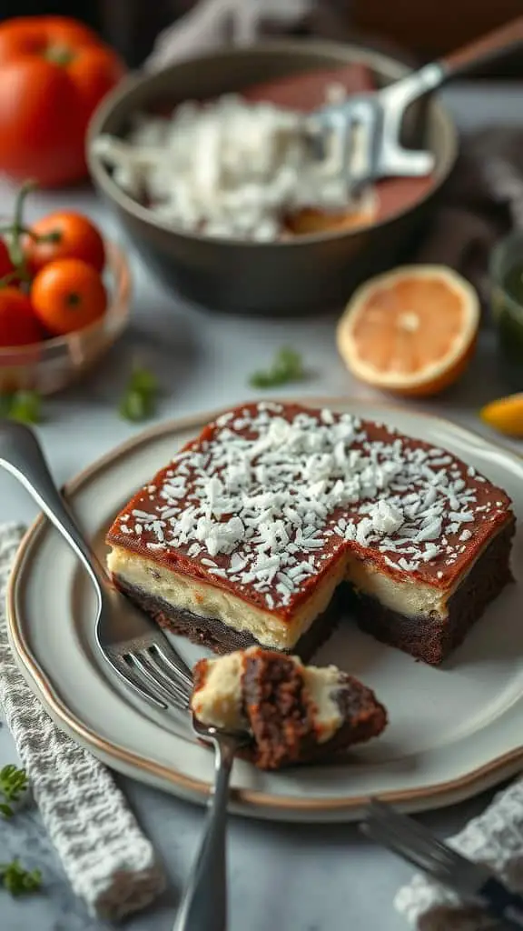 Delicious coconut cream cheese brownies with a rich chocolate base and creamy topping.