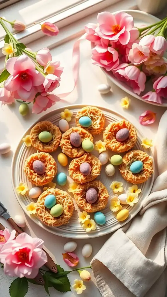 Coconut macaroon nests topped with mini chocolate eggs, surrounded by flowers.