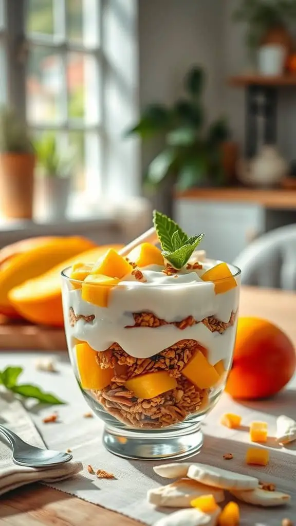 A glass of coconut mango parfait with yogurt, mango chunks, and coconut granola.