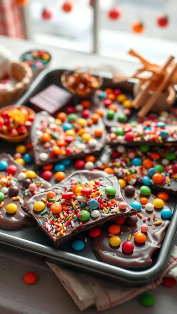 Colorful candy bark with various candies sprinkled on top