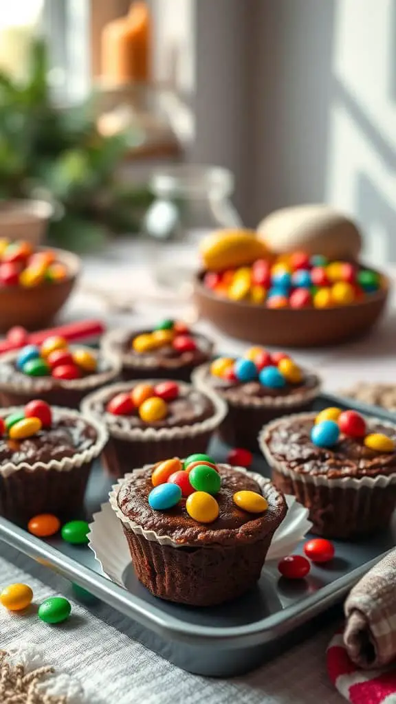 A tray of colorful candy brownie bites topped with assorted candies.