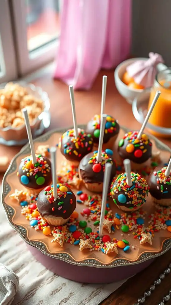 Colorful cake pops dipped in chocolate and rolled in sprinkles.