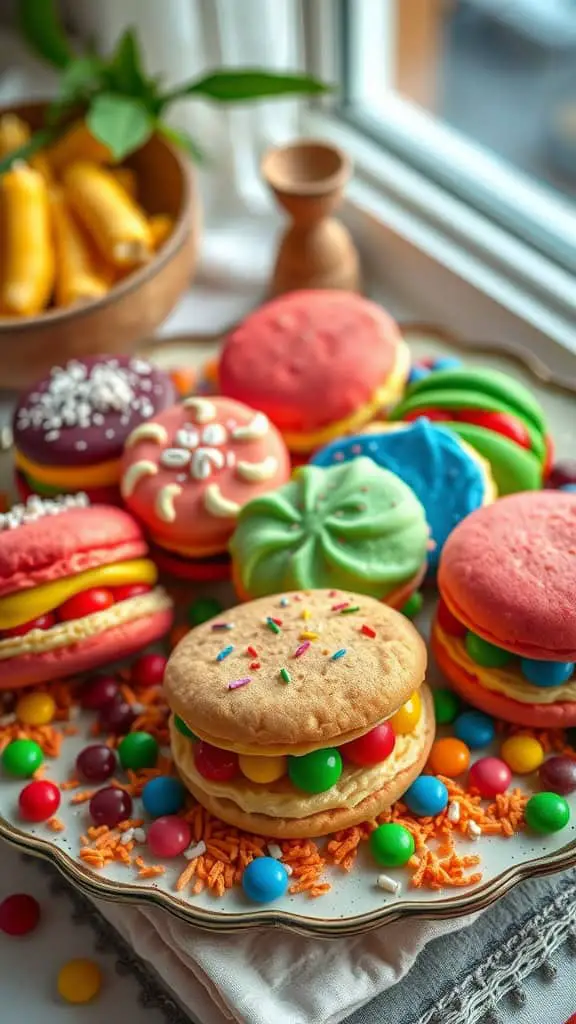 A vibrant display of colorful cookie sandwiches filled with frosting and candy.