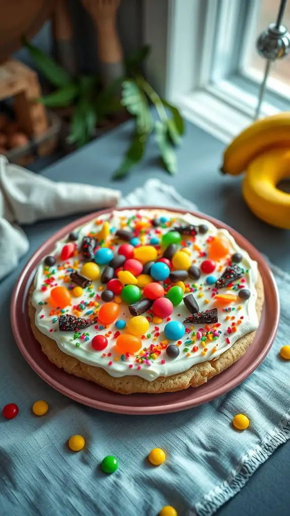 Colorful Candy Dessert Pizza with frosting and assorted candy toppings