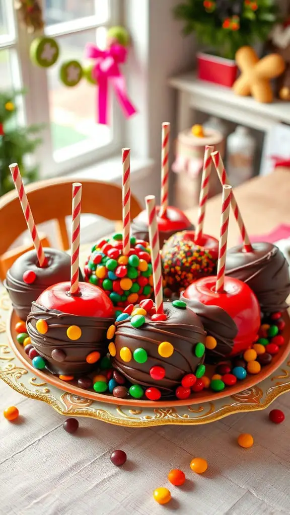 Colorful candy dipped apples on a decorative plate