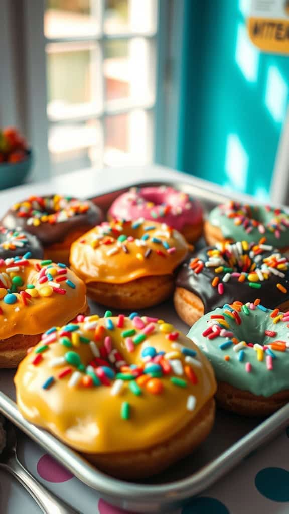 Colorful donuts topped with frosting and candy sprinkles.