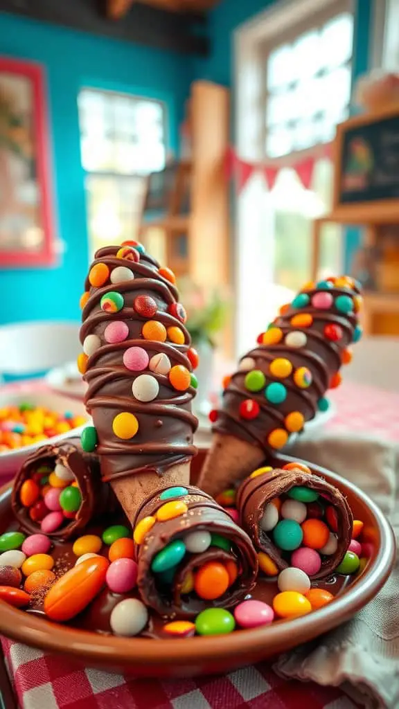 Colorful candy ice cream cones coated in chocolate and candy pieces