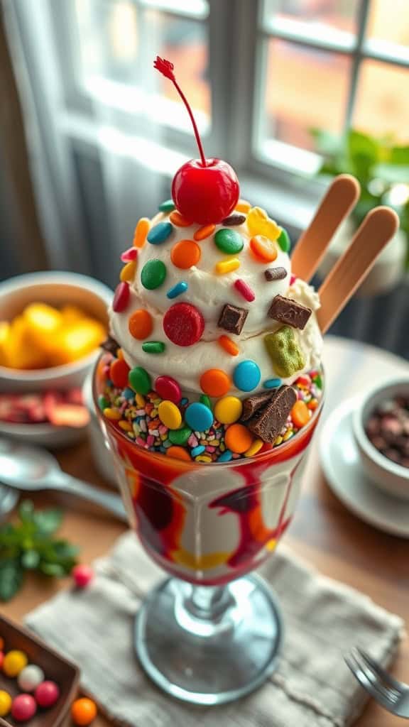 A colorful ice cream sundae topped with candies, sprinkles, and a cherry.