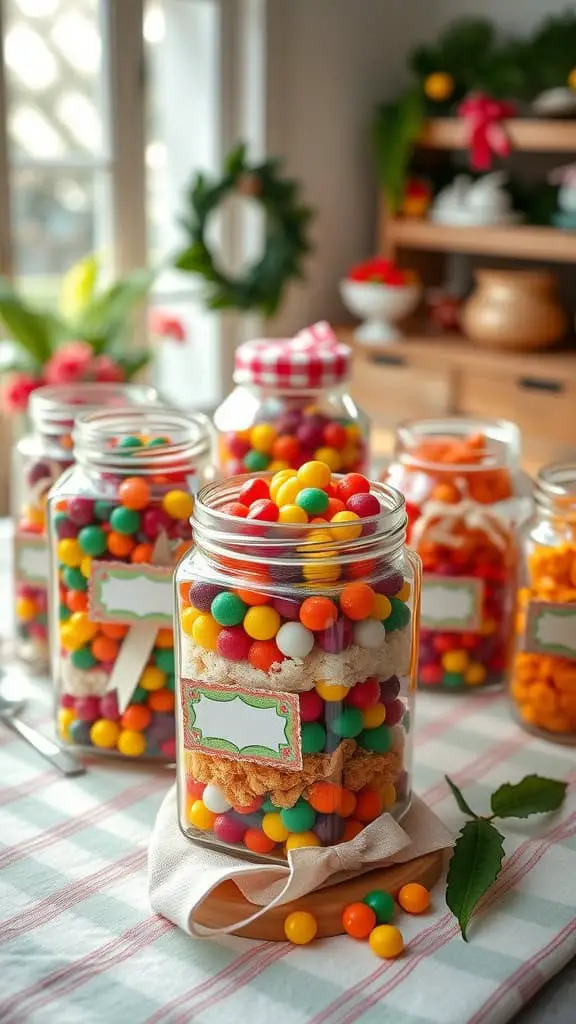 Colorful candy jars filled with various candies for party favors.