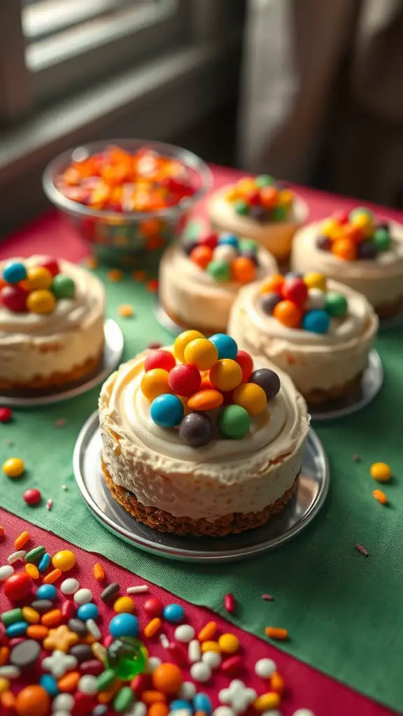 Colorful mini cheesecakes topped with an assortment of candies