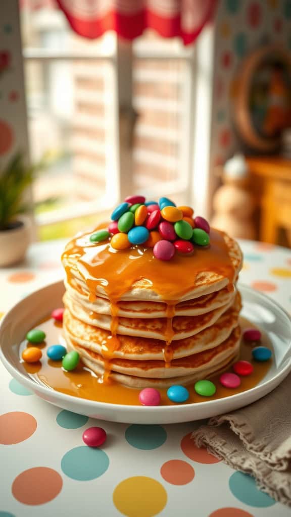 A stack of colorful pancakes topped with syrup and candies