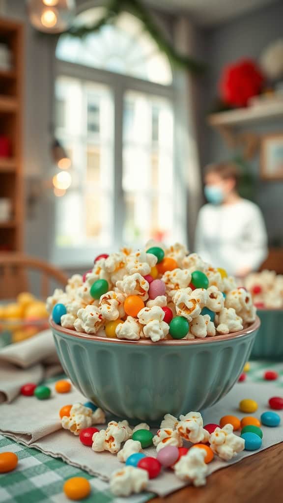 A colorful bowl of popcorn mixed with vibrant candy pieces.