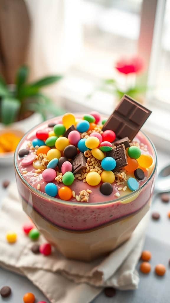 Colorful candy toppings on a smoothie bowl with fruits and granola.