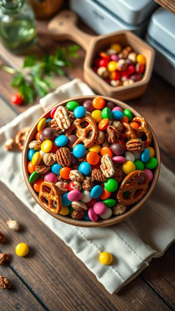 A colorful bowl of candy trail mix featuring pretzels, nuts, and vibrant candies.