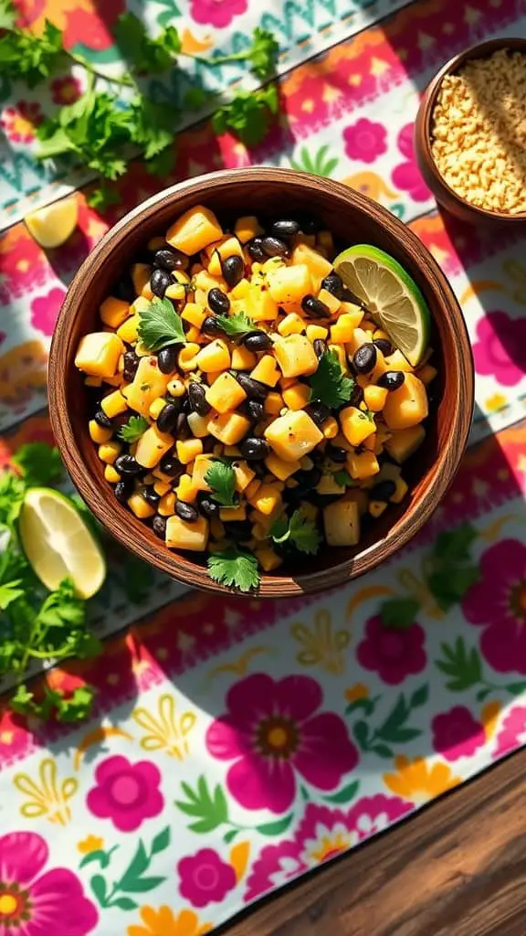 A colorful bowl of corn and black bean potato salad with lime slices and fresh cilantro.
