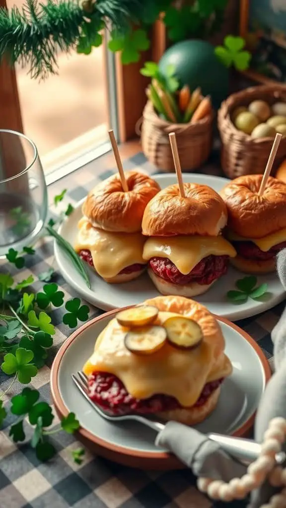 Corned beef sliders with Swiss cheese on rye bread, perfect for St. Patrick's Day.