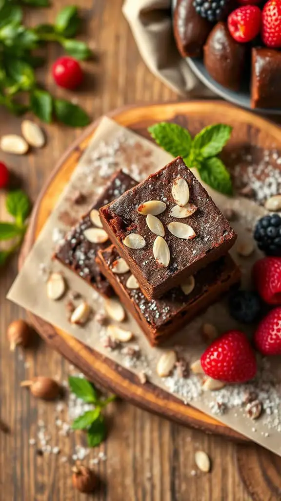 Delicious chocolate brownies topped with nuts and served with fresh berries.