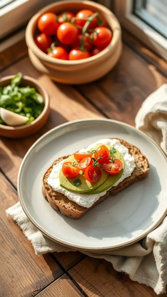 Cottage cheese and avocado toast topped with cherry tomatoes on a plate.