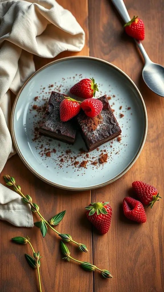 Delicious cottage cheese brownies served with strawberries